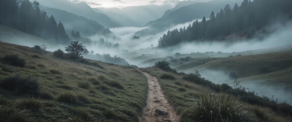 Misty mountain valley landscape with winding dirt path surrounded by greenery and fog, tranquil atmosphere, Copy Space.