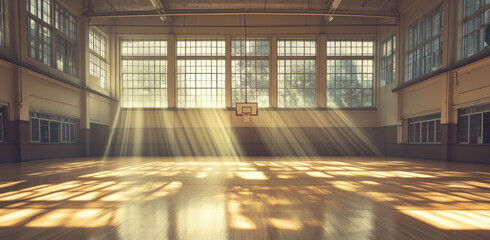 The large wooden basketball court fills with warm sunlight, highlighting the polished floor and creating a peaceful ambiance at dusk