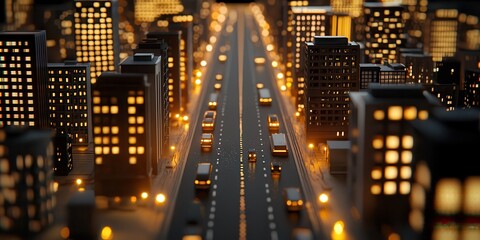 Obraz premium A nighttime cityscape with illuminated buildings along a busy highway, showcasing glowing windows and vehicles in motion.