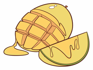 A colorful illustration of a ripe mango cut into wedges, showcasing its juicy texture.