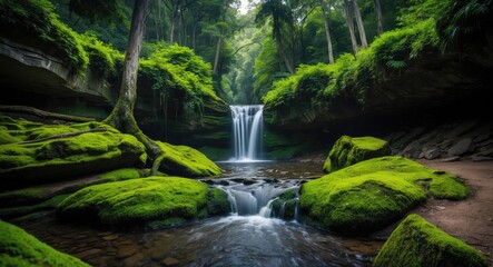 Fototapeta premium Lush green moss-covered rocks beside a serene waterfall in a dense forest setting with flowing stream and abundant foliage Copy Space