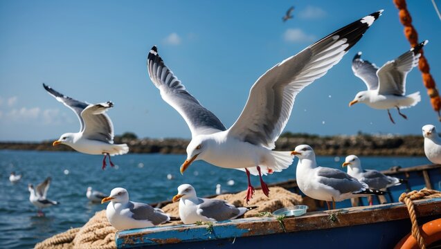 Seagulls flying and resting on a boat at a coastal location with clear blue skies and calm water suitable for text overlay Copy Space