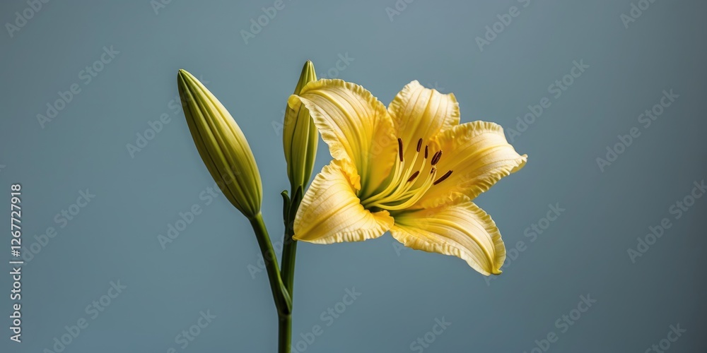 Wall mural yellow lily flower in bloom with closed buds on a soft blue background with copy space for text.