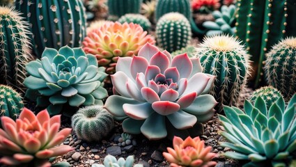 Fototapeta premium Colorful assortment of succulents and cacti in a natural setting with gravel background suitable for botanical themes and design projects Copy Space