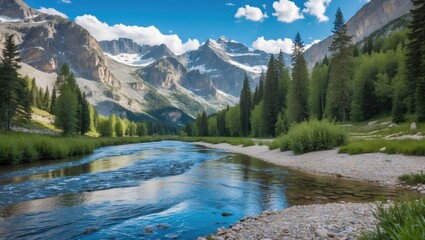 Scenic mountain landscape with a calm river, lush green forests, and snow-capped peaks under a blue sky with fluffy clouds Copy Space