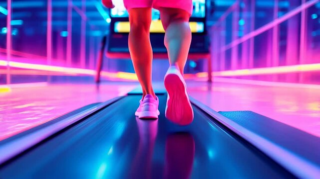 Person walking on treadmill in vibrant gym with neon lights and colorful atmosphere at evening workout session
