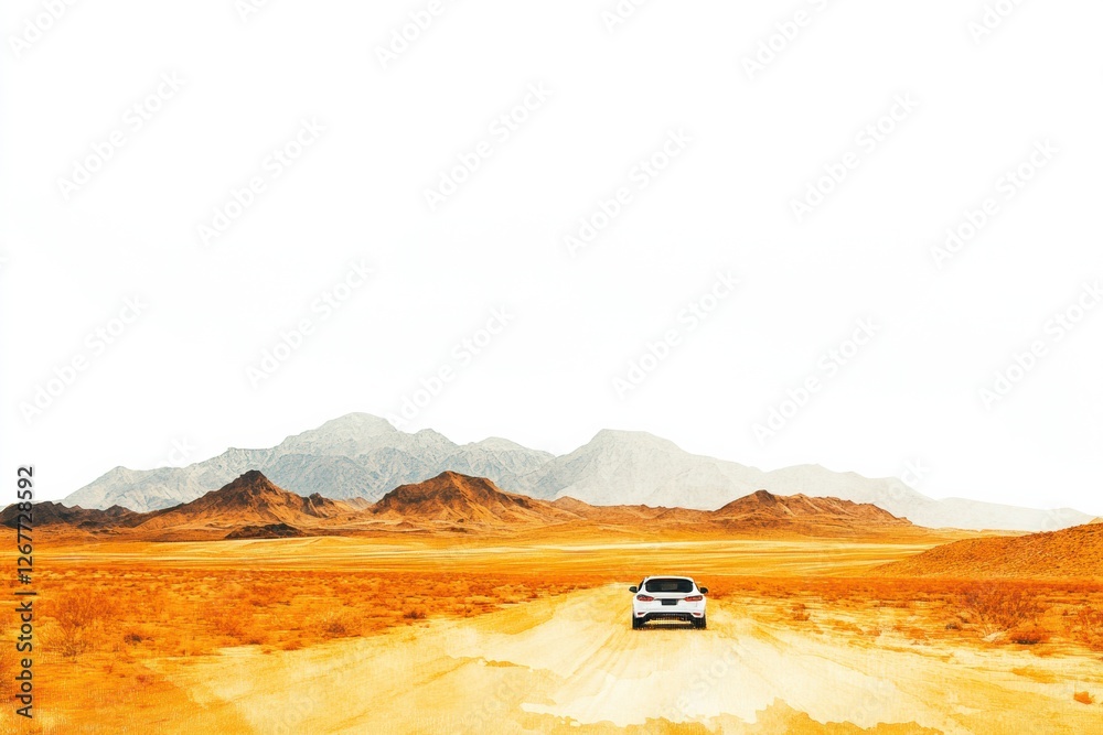Poster driving through a warm desert landscape with distant mountains under a bright sky. generative ai