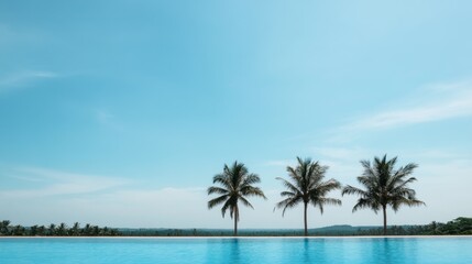Fototapeta premium Tropical pool, palm trees, clear sky, resort