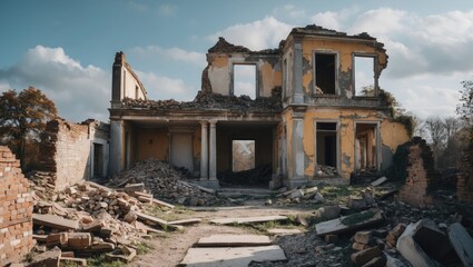 Abandoned and dilapidated building with crumbling walls and exposed structure surrounded by rubble and debris in daylight Copy Space