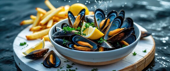 Freshly prepared mussels with lemon and parsley served with crispy fries on a wooden platter with water background and copy space