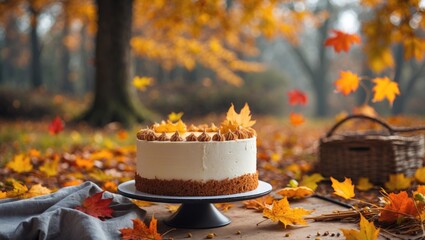 Autumn themed dessert display featuring a cake surrounded by colorful fallen leaves in a scenic outdoor setting with copy space