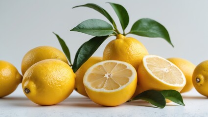 Fresh lemons with green leaves displayed on a light background whole and sliced with copy space for text