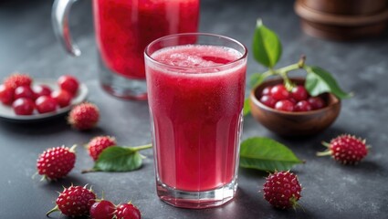 Freshly squeezed bright red berry juice in a glass with berries and leaves on a dark background Copy Space