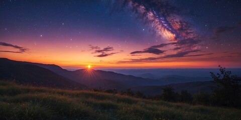 Panoramic landscape at sunset with mountains and a starry sky featuring the Milky Way and illuminated horizon in twilight colors Copy Space