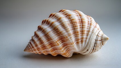Obraz premium Spiral seashell with orange and white stripes on a neutral background showcasing natural textures and details. Copy Space.