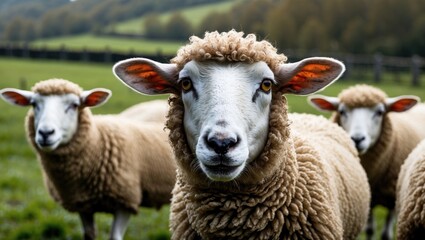 Fototapeta premium Close-up of sheep with woolly coats in a green pasture with blurred background of other sheep and trees Copy Space