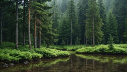 Obraz premium Serene forest landscape with tall trees and reflective water in a natural setting showcasing vibrant green foliage and calm atmosphere Copy Space