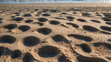 Footprints in wet sand on a beach with shallow depressions from water erosion and tide patterns, ocean in background, Copy Space