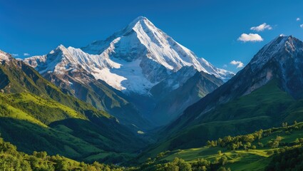 Fototapeta premium Majestic snow-capped mountain peak with lush green valley and clear blue sky in a serene natural landscape Copy Space