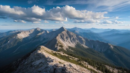 Mountain landscape view with rugged peaks and layered valleys under a blue sky with clouds Copy Space