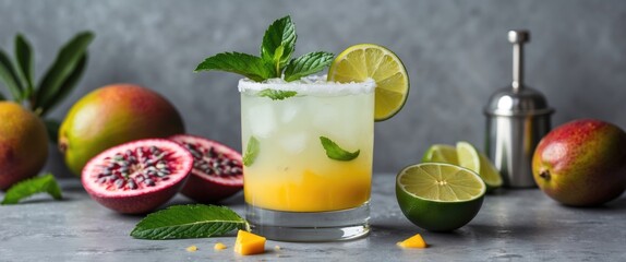 Fototapeta premium Refreshing tropical cocktail with mango and lime garnished with mint leaves surrounded by fruits on a gray background Copy Space