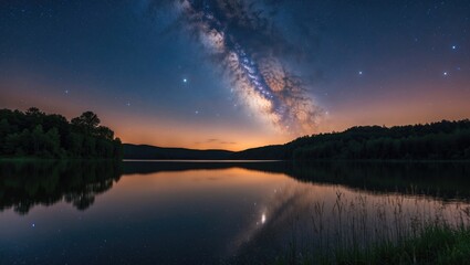 Milky Way Galaxy reflection over calm lake at dusk with clear sky and surrounding trees showing nature's beauty and tranquility Copy Space