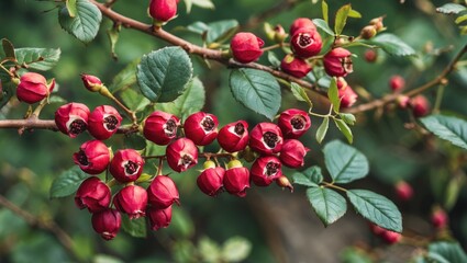 Red fruit clusters on a branch with green leaves against a blurred natural background Copy Space