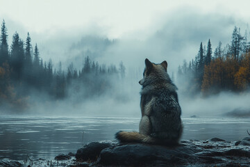 Solitary Watch, A Wolf's Perspective on a Misty Forest Landscape