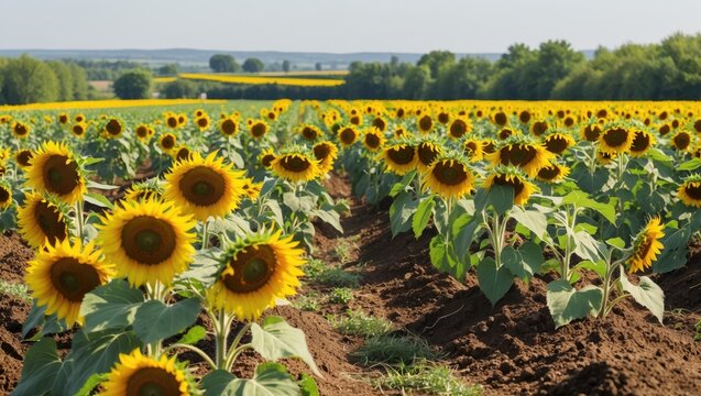Sunflower field in full bloom with vibrant yellow flowers under clear blue sky and green trees in background Copy Space