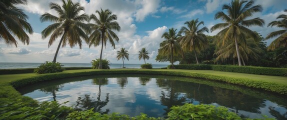 Obraz premium Tropical landscape with palm trees reflections in pond under a blue sky with clouds and ocean view in the background Copy Space