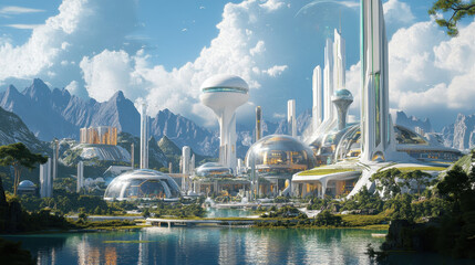 A visionary futuristic city nestled by a serene lake surrounded by majestic mountains showcasing advanced architecture and sustainable integration with nature
