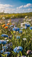 Close-up of a flower meadow in spring or summer, blue sky in the background 