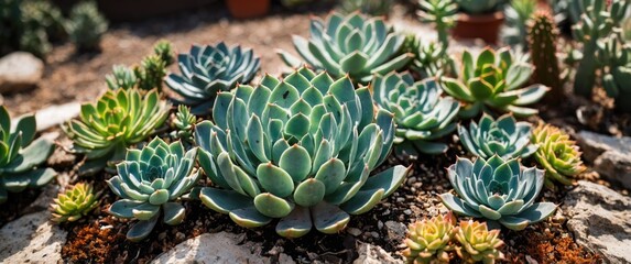 Obraz premium Diverse succulent plants arrangement in a garden setting with natural sunlight and textured soil suitable for botanical designs