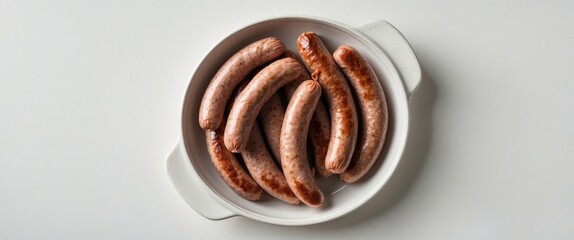 Fototapeta premium Cooked sausages arranged in a white ceramic dish on a light background with Copy Space.