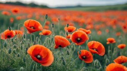 Obraz premium Vibrant field of orange poppies in full bloom with green foliage and a blurred background showcasing natural beauty and Copy Space