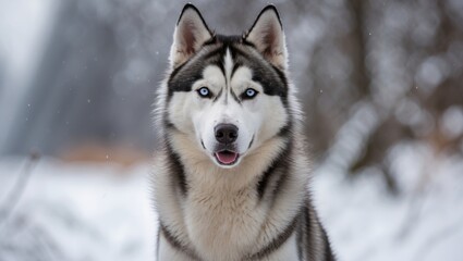 Naklejka premium Portrait of a Siberian Husky dog with striking blue eyes standing in a snowy landscape with blurred background and Copy Space