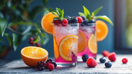 Fototapeta premium Fresh fruity drinks with orange slices mint leaves and mixed berries on a table with copy space for text