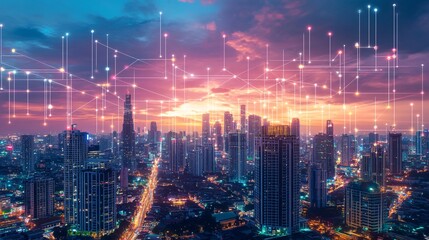 Futuristic Cityscape with Vibrant Neon Lights and Sunset Skyline, Cyberpunk Urban Landscape, HD 4K Image Download