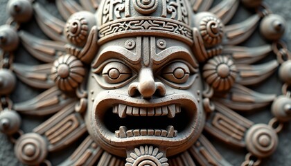 Fototapeta premium Ornate Olmec rain god carving with detailed and divine representation against textured background