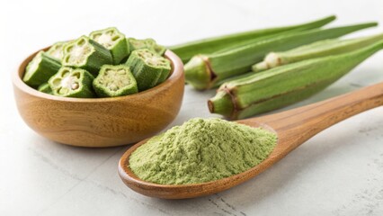 Okra exotic superfood. Fresh okra pods and powdered okra in a bowl and spoon on a light background.