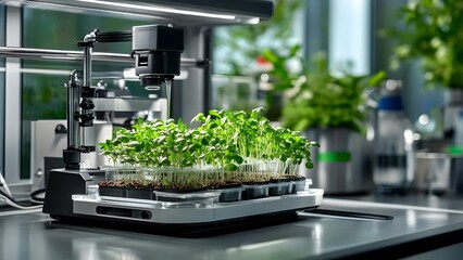 A laboratory setup with seedlings growing in containers, equipped with a microscope and green plants in the background. Concept Seedling Growth, Laboratory Setup, Microscopy Equipment