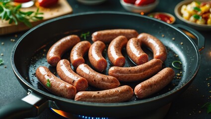 Fototapeta premium Grilled sausages cooking in a black frying pan on a stovetop decorated with herbs and spices with assorted sauces in the background Copy Space