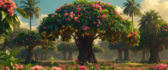 Lush garden scene with vibrant flowering trees and palm trees in a tropical landscape with colorful blossoms and fruit. Copy Space