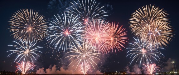 Fototapeta premium Colorful fireworks display in the night sky over a dark background with bursting patterns and effects Copy Space