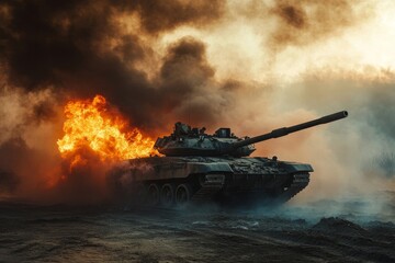 Burning Tank in Battle - A military tank engulfed in flames and smoke on a battlefield. Intense scene of war and destruction