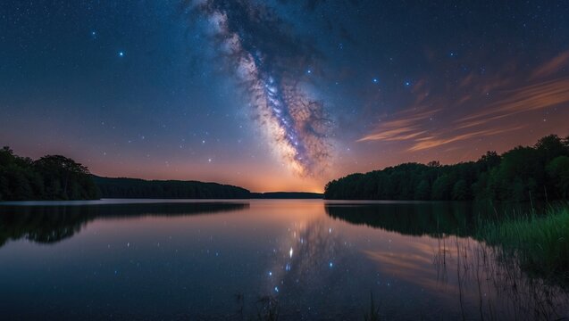 Milky Way Galaxy Reflection Over Calm Lake Surrounded by Trees at Dusk with Starry Sky and Cloudy Horizon Copy Space