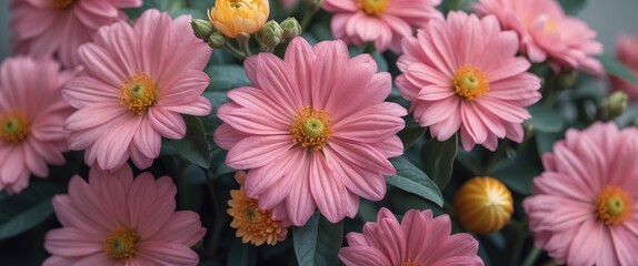 Pink flowers with vibrant petals and green foliage in a natural setting with blurred background and good lighting. Copy Space