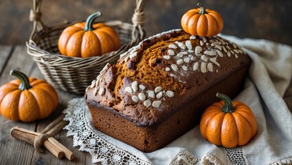 Pumpkin bread loaf with decorative topping surrounded by small pumpkins and a basket on rustic wooden background Copy Space