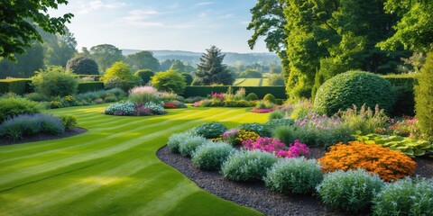 Beautifully landscaped garden with vibrant flowers and lush greenery under clear blue sky, ideal for relaxation and outdoor activities, Copy Space