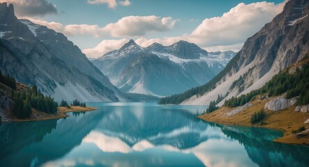 Mountain landscape with tranquil lake reflecting peaks under cloudy sky Copy Space